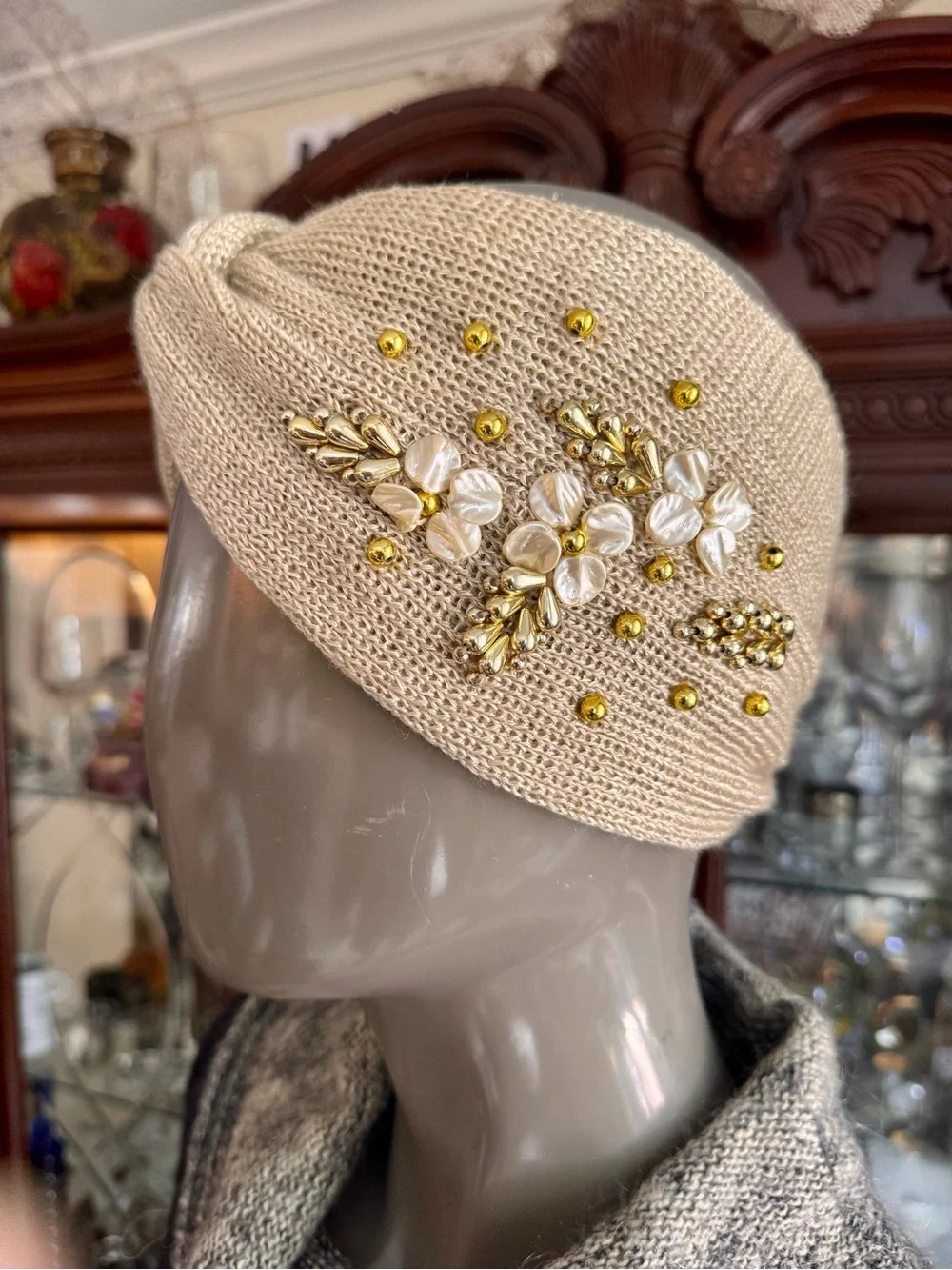 Anthropologie Beaded Knit Turban Headband Ear Warmer - Beige & Gold Boho